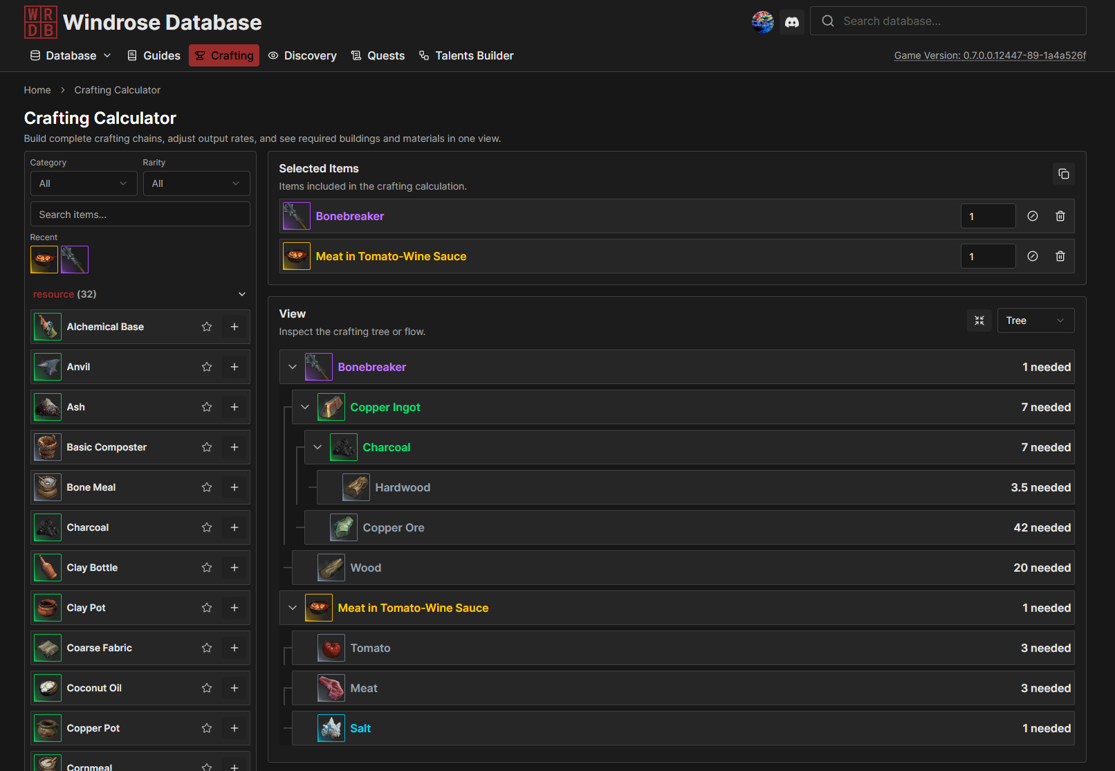 Windrose crafting calculator with recipe ingredients