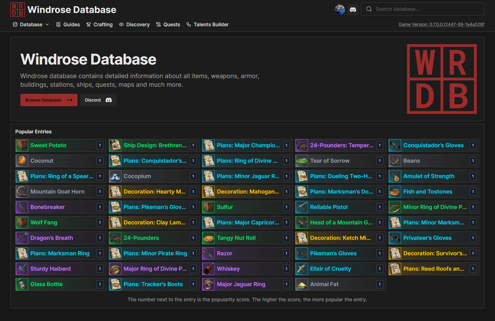 Windrose item database with filters and item cards