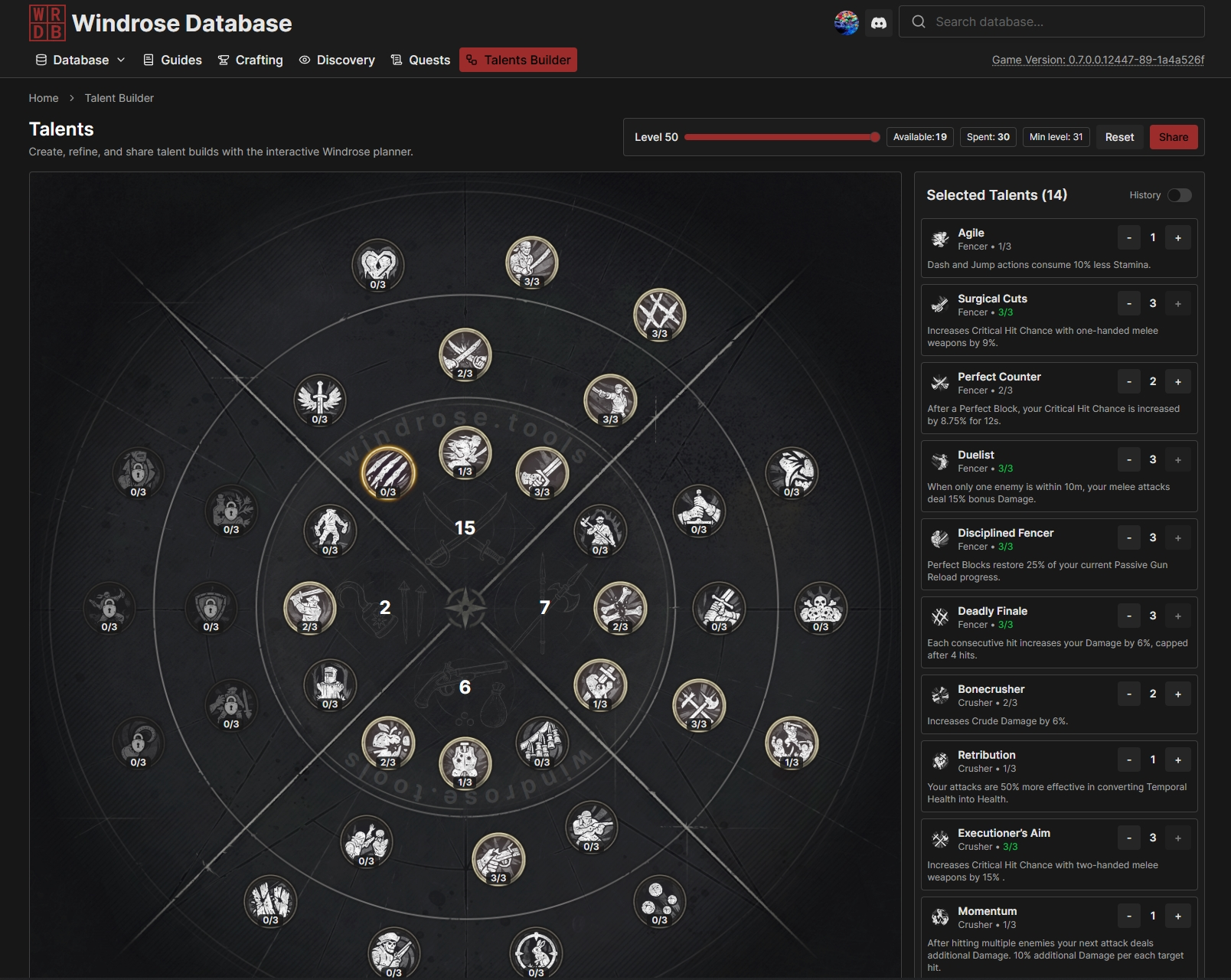 Windrose talent planner showing skill nodes